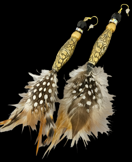 Tibetan Brass Repousse & Feather Shoulder Duster Pierced Earrings