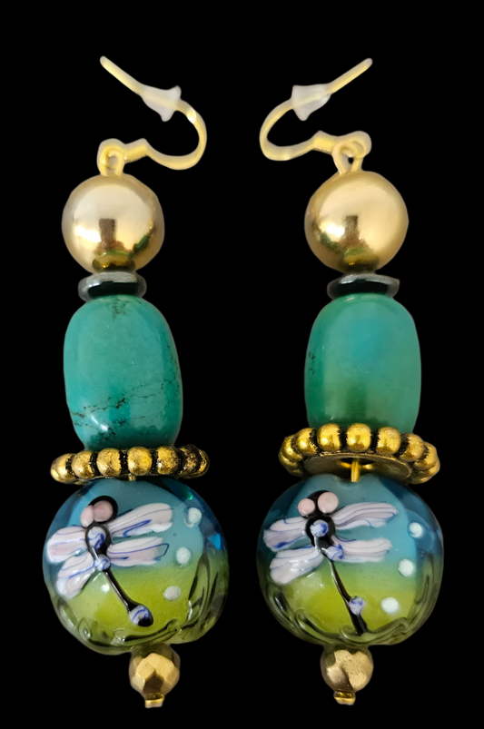 Dragonfly Mixed Media Dangle Pierced Statement Earrings - Green & Gold