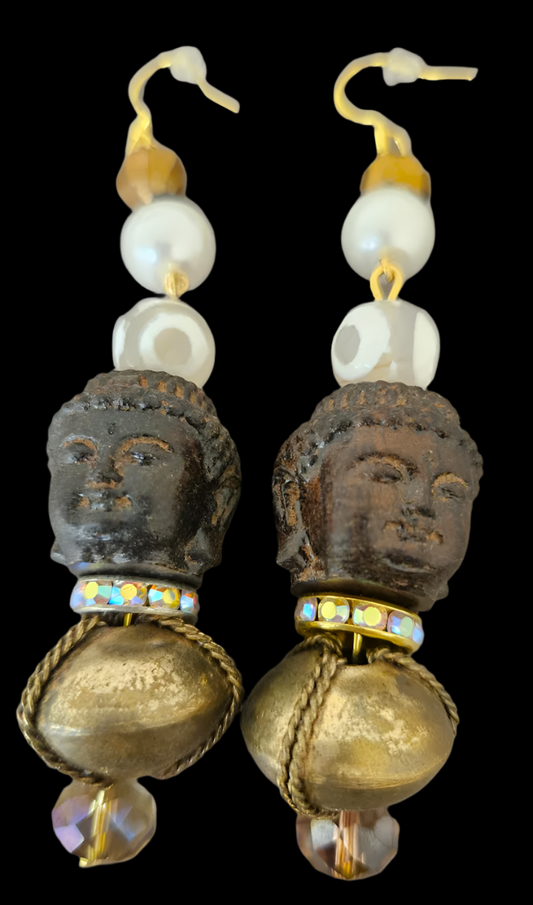 Wood Buddha Brass & Gemstone Tribal Beaded Pierced Statement Earrings