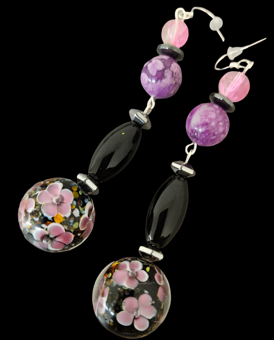 Pink Lampwork Glass Floral Beaded Dangle Pierced Earrings - Feminine