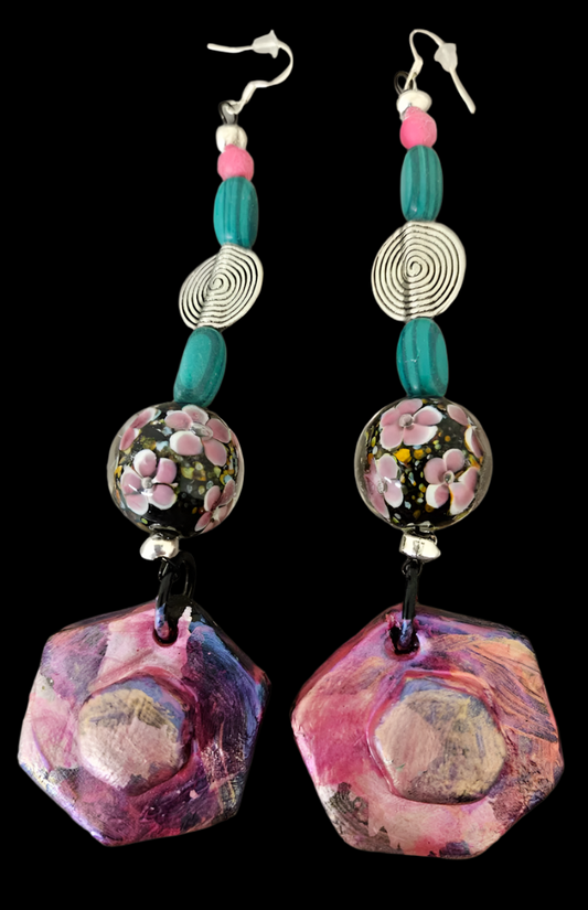 Pink Green & Silver Beaded Shoulder Duster Pierced Statement Earrings