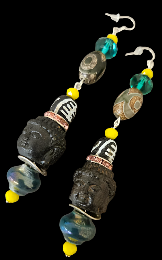 Agarwood Buddha Head Shoulder Duster Pierced Dangle Earrings - Exotic