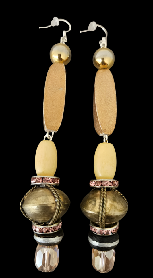 Gold & Cream Beaded Shoulder Duster Pierced Earrings - Super Long Rich