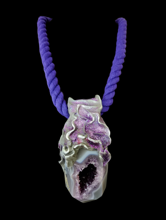 Agate & Amethyst Sculpted Tower Gemstone Pendant With a Purple Rope