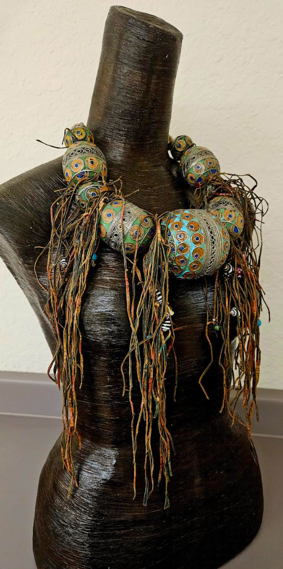 Berber Egg & Leather Beaded Fringe Tribal Statement Necklace - Luxury
