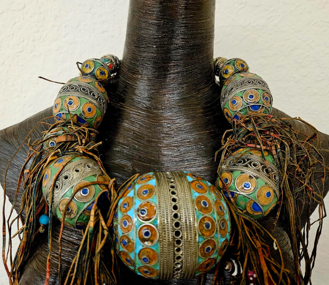 Berber Egg & Leather Beaded Fringe Tribal Statement Necklace - Luxury