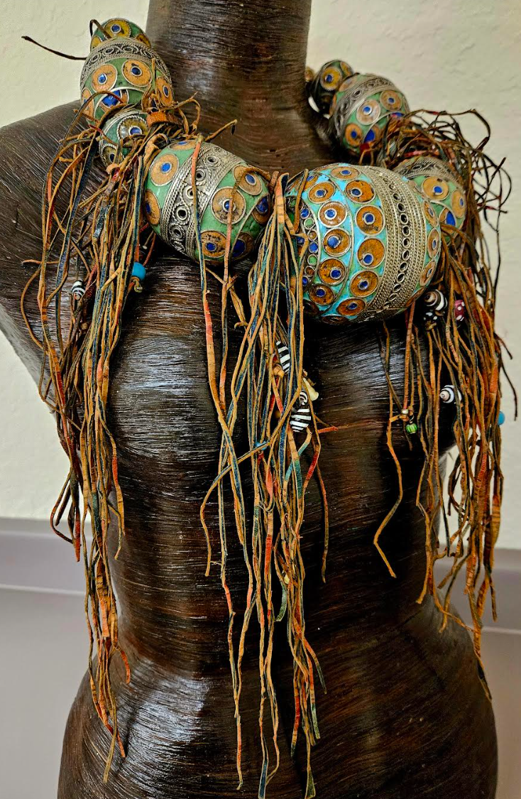 Berber Egg & Leather Beaded Fringe Tribal Statement Necklace - Luxury