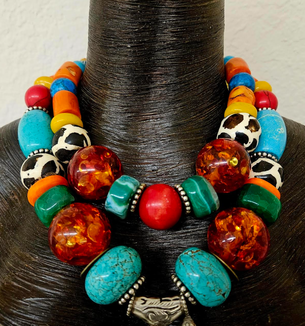 Colorful Mixed Media Beaded 2 Strand Tribal Necklace - Peacock Pendant