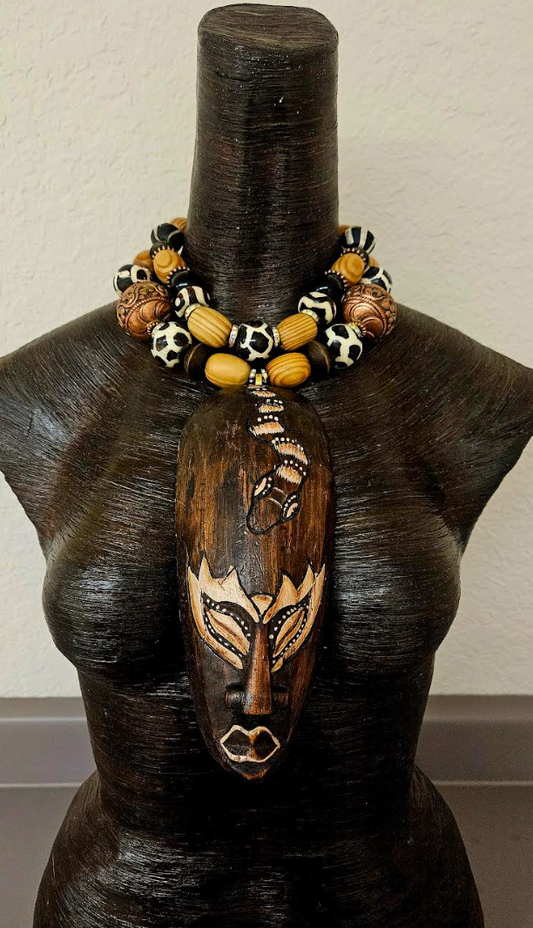 Indonesian Wood Mask Unisex Chest Piece - Earthy Beaded Necklace