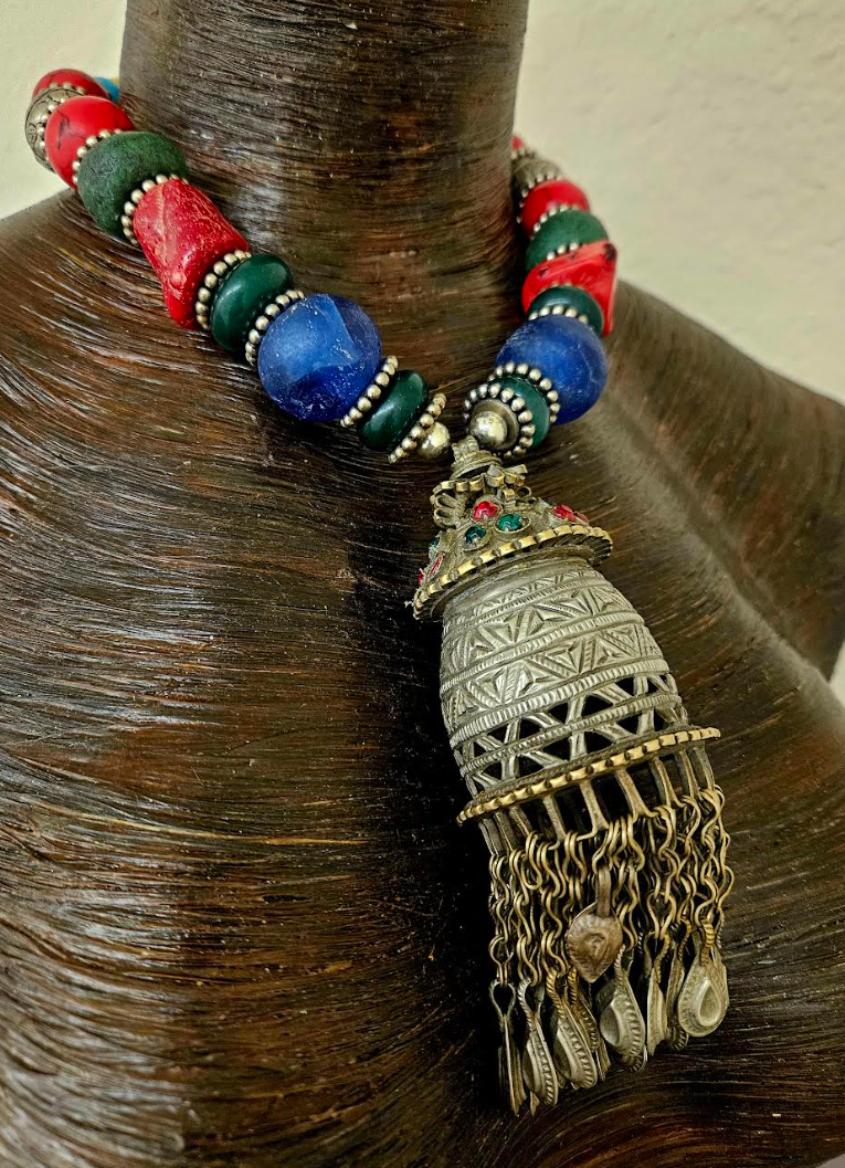 Middle Eastern Vintage Tribal Pendant With A Chunky Colorful Beaded Necklace