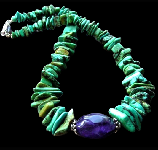 Freeform Turquoise Necklace With A Polished Amethyst Focal Stone