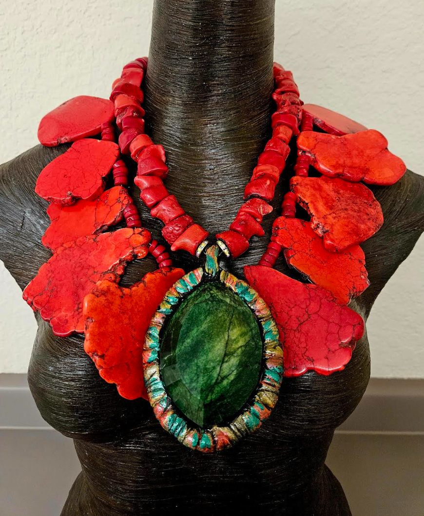 Red Sea Sediment Slab Bib & Emerald Pendant Oversized Necklace Set