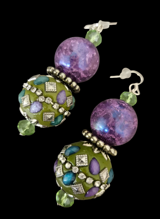 Purple & Olivine Exotic Ornate Beaded Dangle Pierced Earrings - OOAK