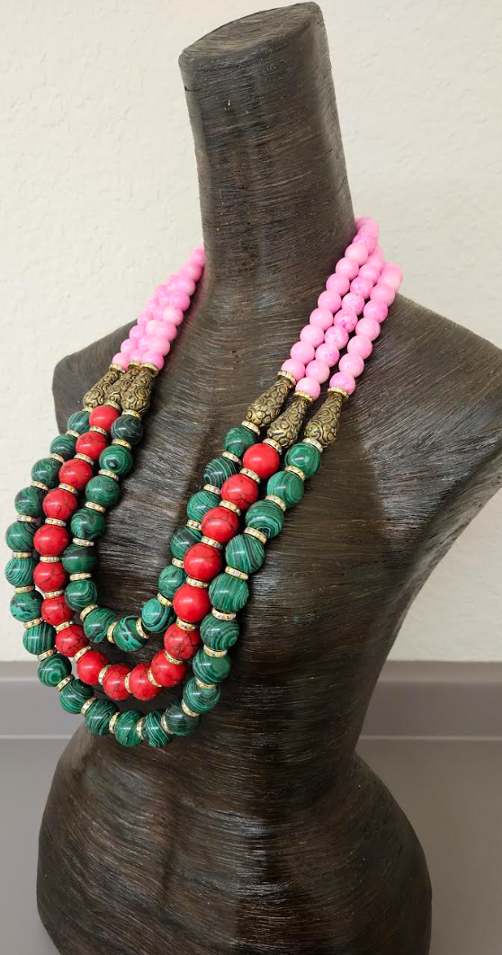 Red Green & Pink Statement Bold Beaded Bib Necklace - Unisex Styled