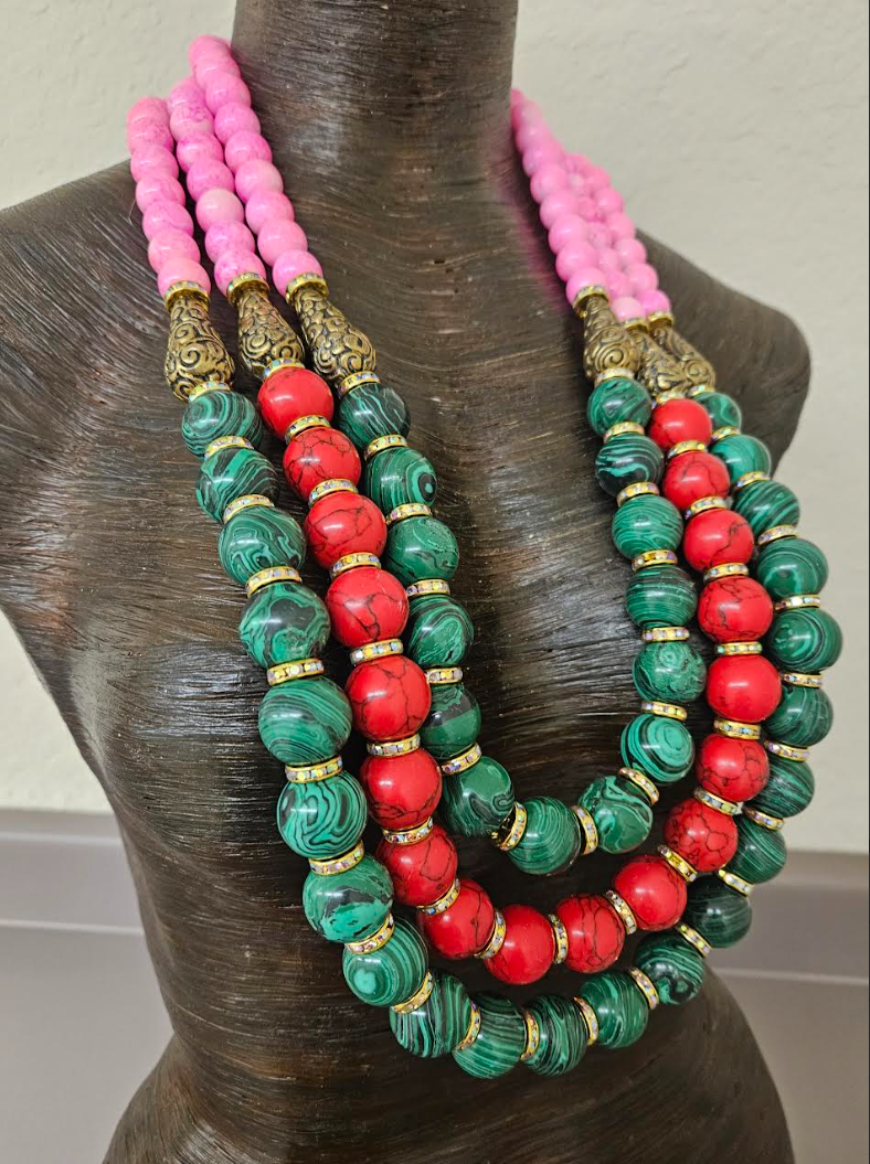 Red Green & Pink Statement Bold Beaded Bib Necklace - Unisex Styled