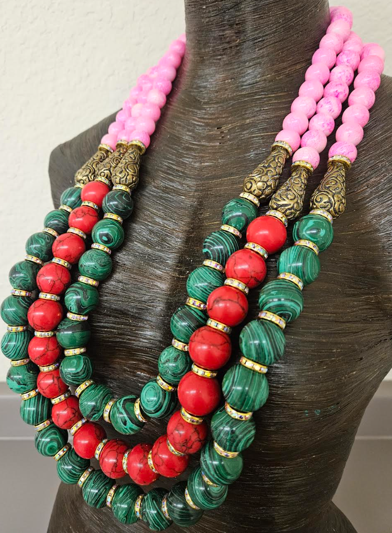 Red Green & Pink Statement Bold Beaded Bib Necklace - Unisex Styled