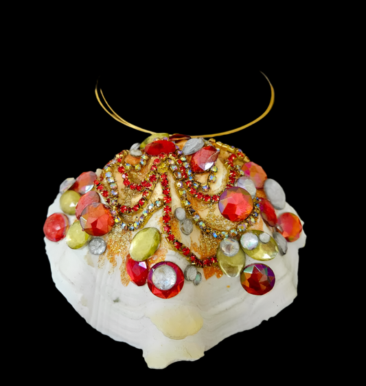 Bejeweled Scalloped Oyster Shell Pendant With a Gold Tone Wire Torc