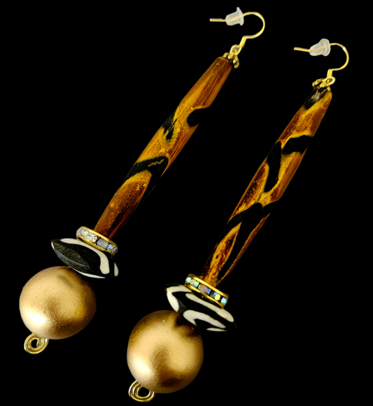 Earth Tone Haute Couture Long Tribal Wood Tube Pierced Earrings - Rich Posh