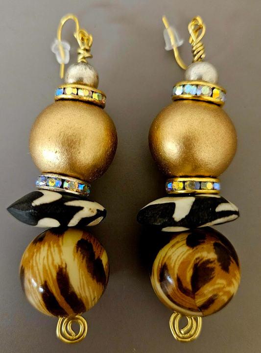 Gold Metallic & Animal Print Beaded Pierced Earrings - Cougar