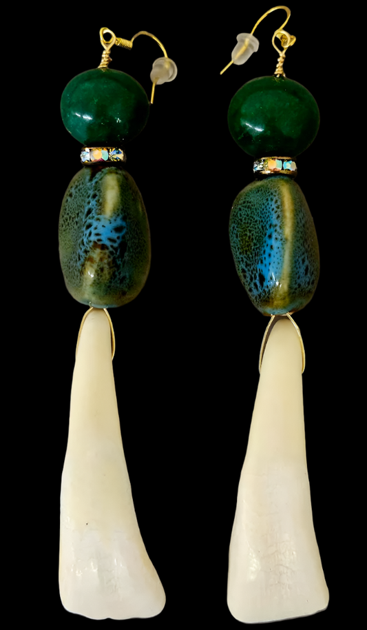 Buffalo Incisor Teeth Porcelain & Emerald Beaded Shoulder Dusters