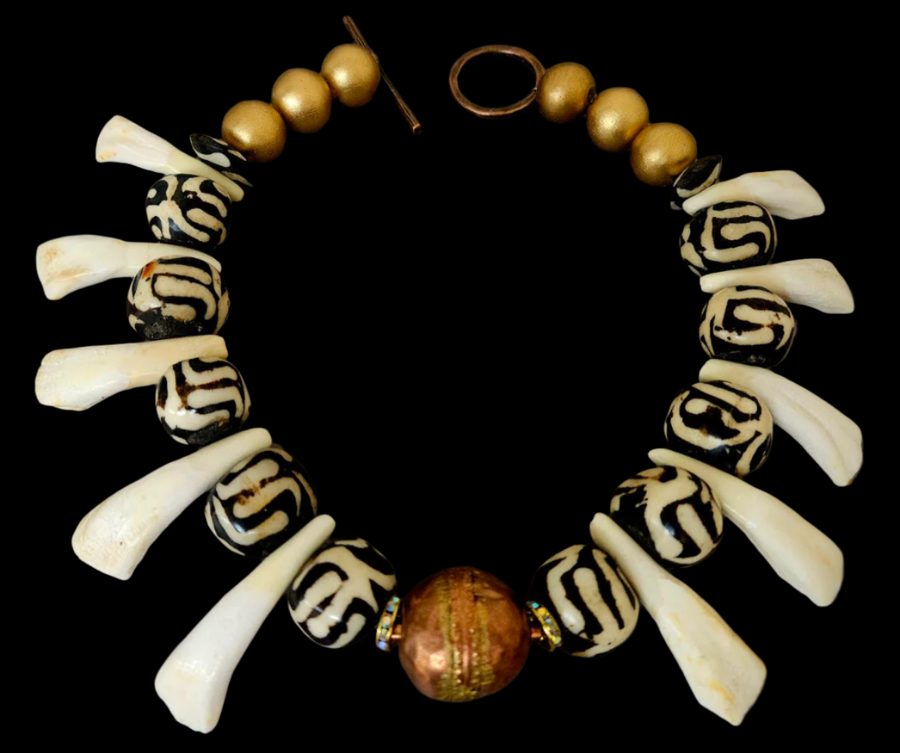 Unisex Tribal Necklace With Bone Copper & Buffalo Incisor Teeth - Shaman