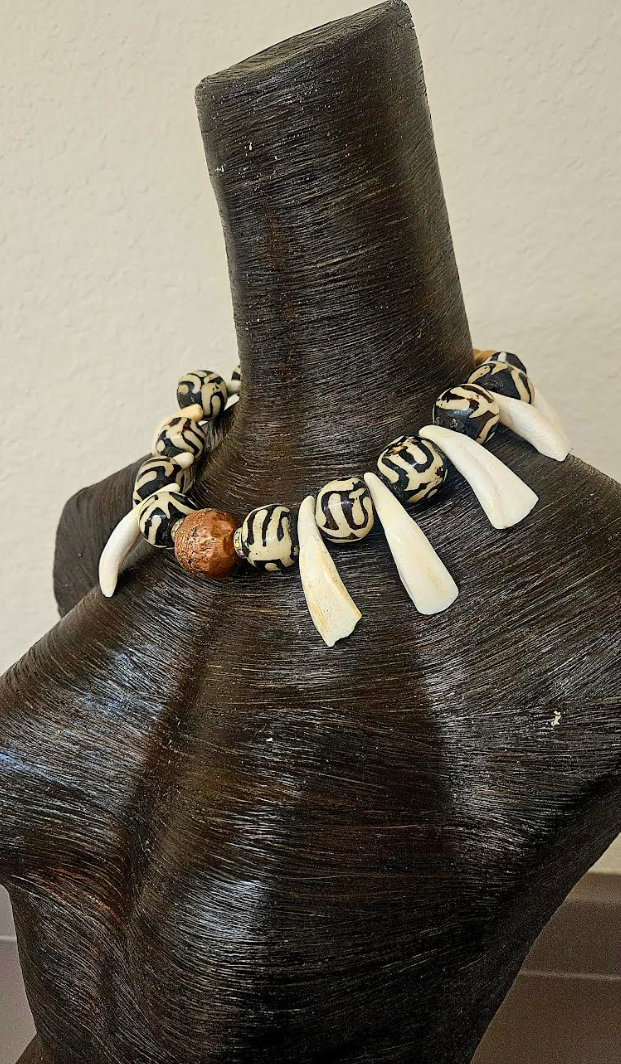 Unisex Tribal Necklace With Bone Copper & Buffalo Incisor Teeth - Shaman