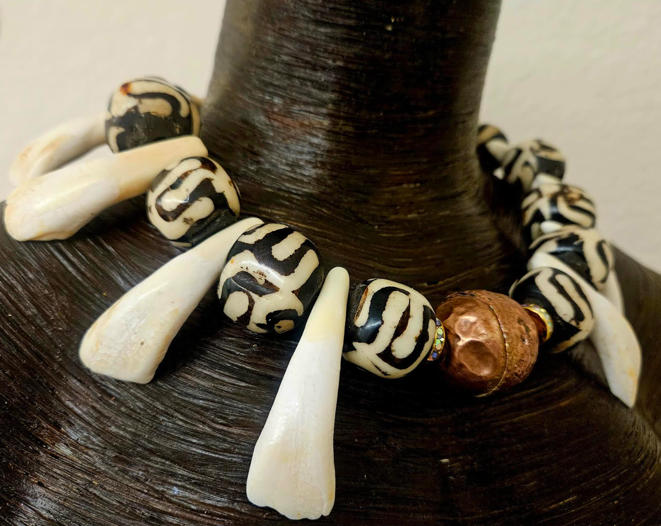 Unisex Tribal Necklace With Bone Copper & Buffalo Incisor Teeth - Shaman
