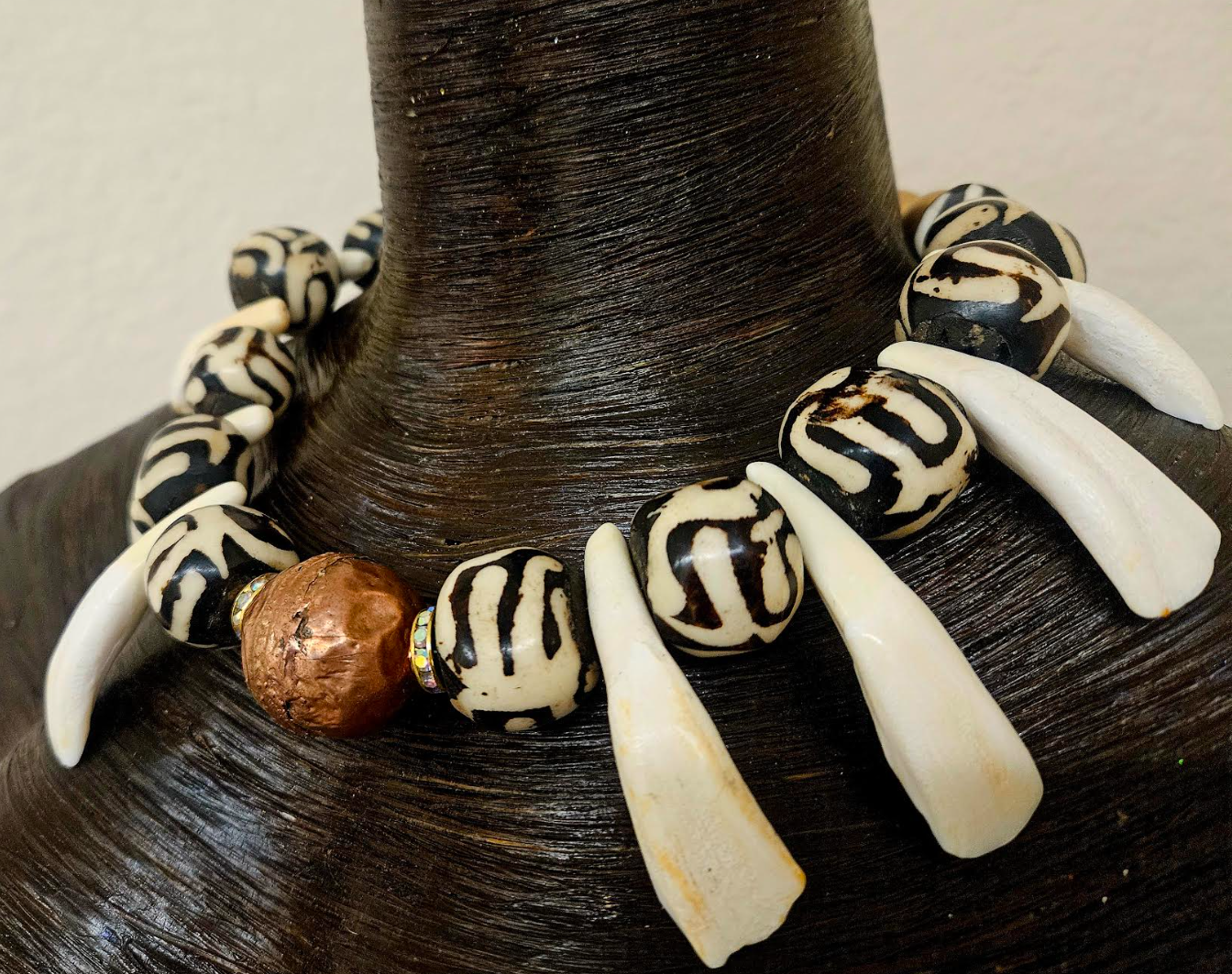 Unisex Tribal Necklace With Bone Copper & Buffalo Incisor Teeth - Shaman