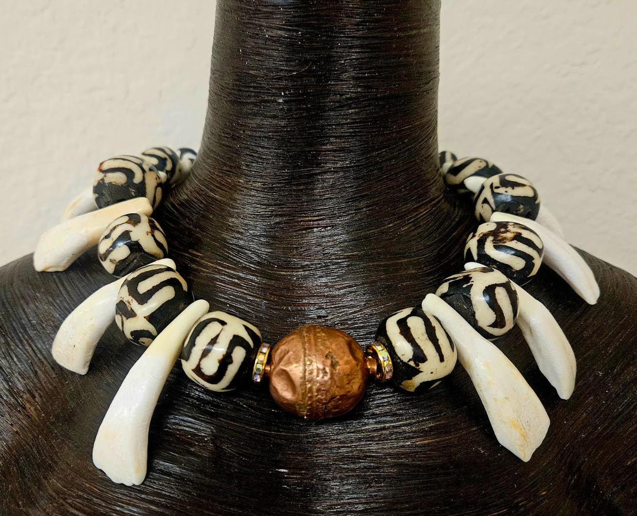 Unisex Tribal Necklace With Bone Copper & Buffalo Incisor Teeth - Shaman