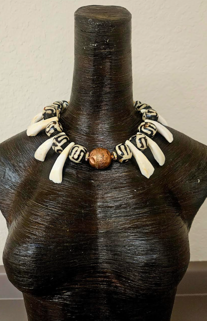 Unisex Tribal Necklace With Bone Copper & Buffalo Incisor Teeth - Shaman
