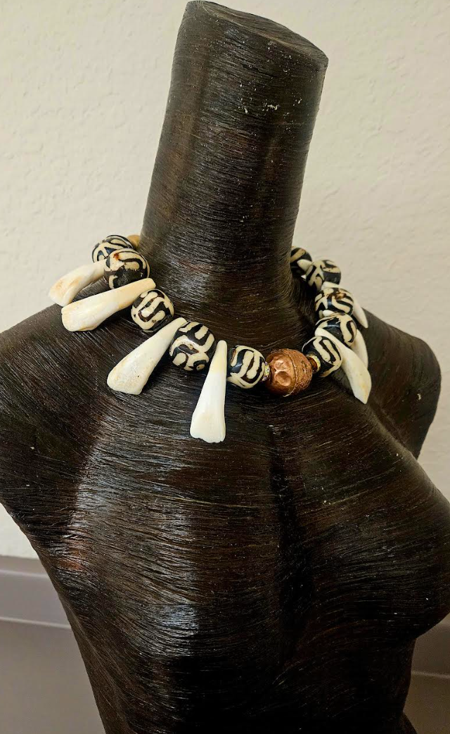 Unisex Tribal Necklace With Bone Copper & Buffalo Incisor Teeth - Shaman