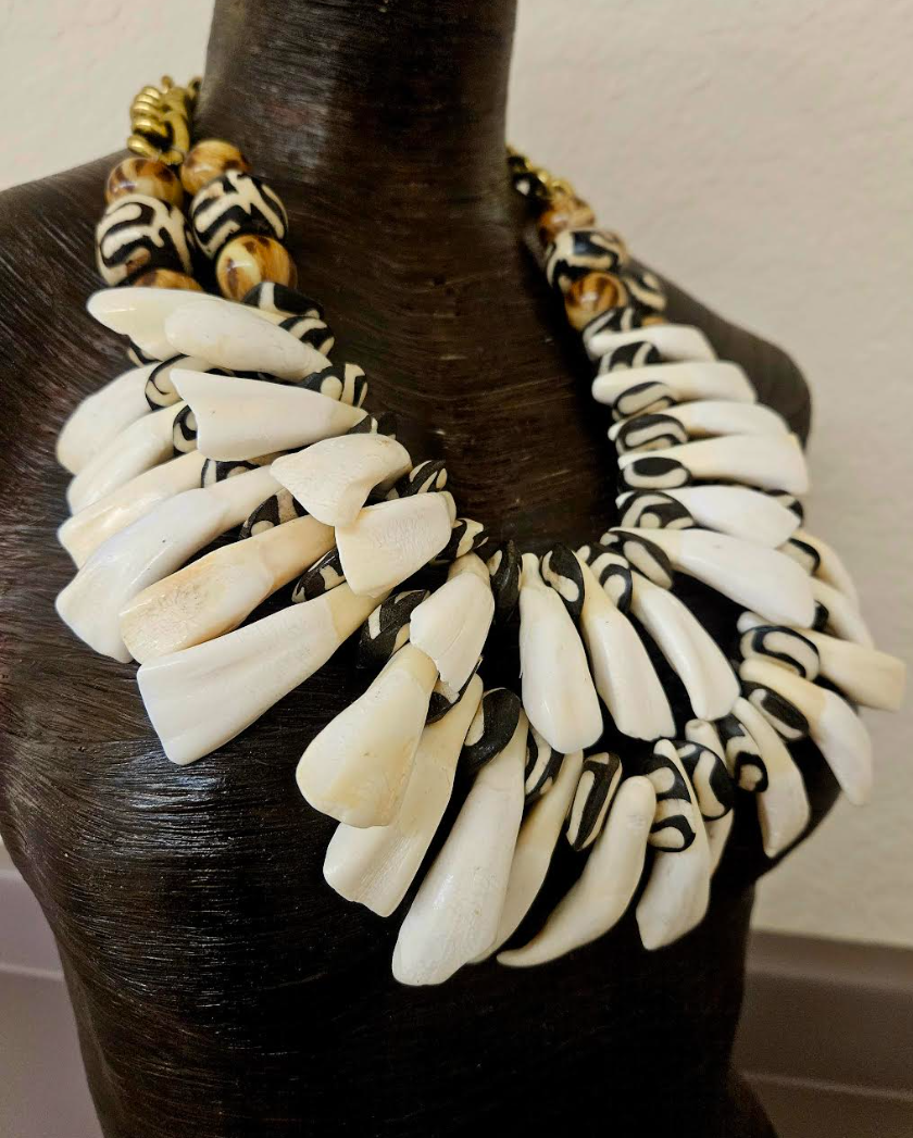 Buffalo Bison Incisor Teeth Zebu Bone & Leopard Bead Tribal Necklace