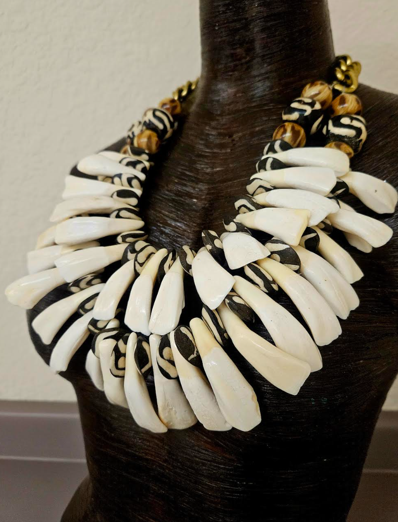 Buffalo Bison Incisor Teeth Zebu Bone & Leopard Bead Tribal Necklace