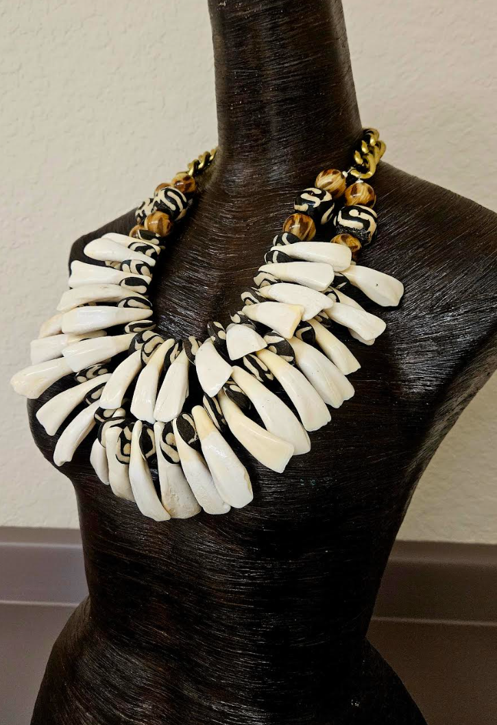 Buffalo Bison Incisor Teeth Zebu Bone & Leopard Bead Tribal Necklace