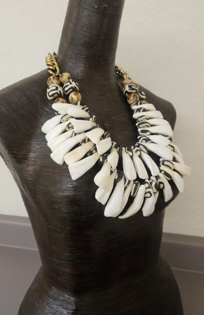 Buffalo Bison Incisor Teeth Zebu Bone & Leopard Bead Tribal Necklace
