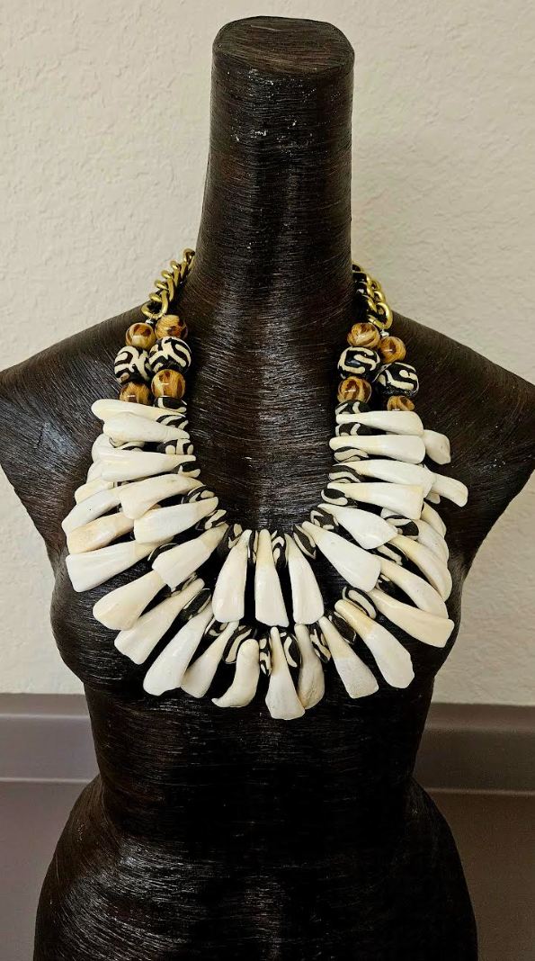 Buffalo Bison Incisor Teeth Zebu Bone & Leopard Bead Tribal Necklace