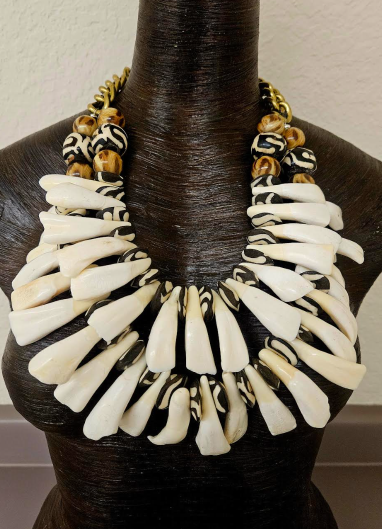 Buffalo Bison Incisor Teeth Zebu Bone & Leopard Bead Tribal Necklace