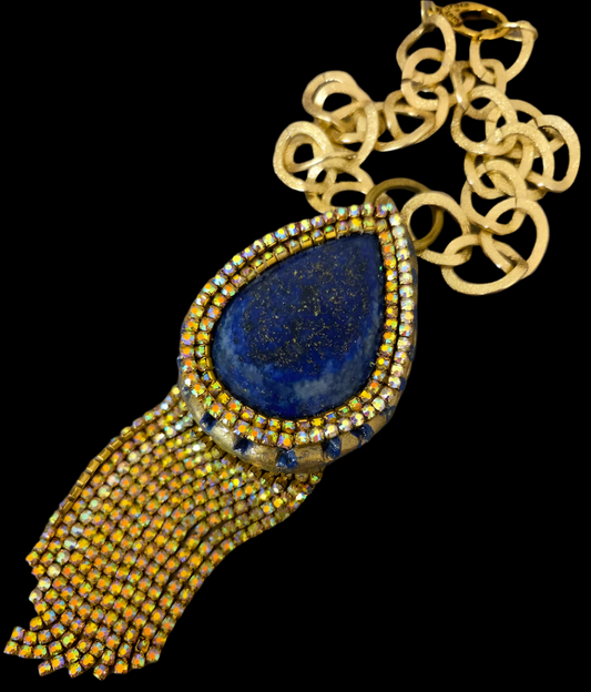 Lapis Lazuli & Citrine Rhinestone Sculpted Art Deco Pendant - Gatsby