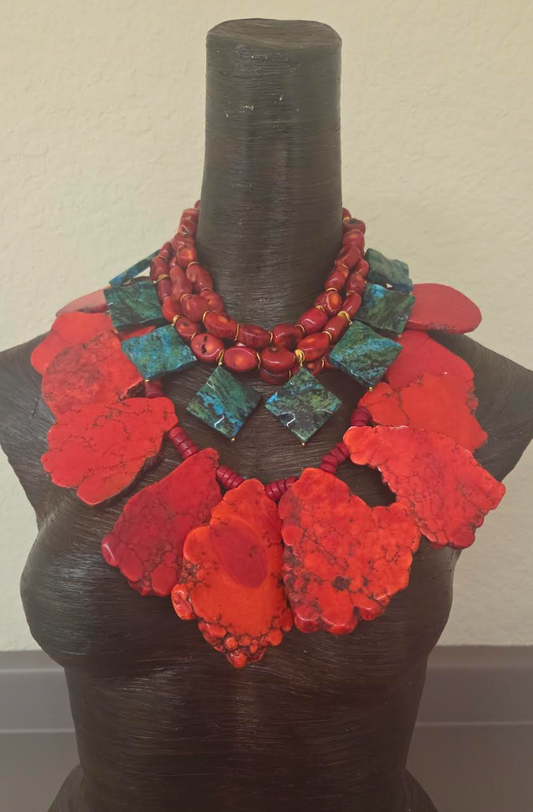 Red Coral, Azurite & Red Sea Sediment Slab Statement Necklace Set