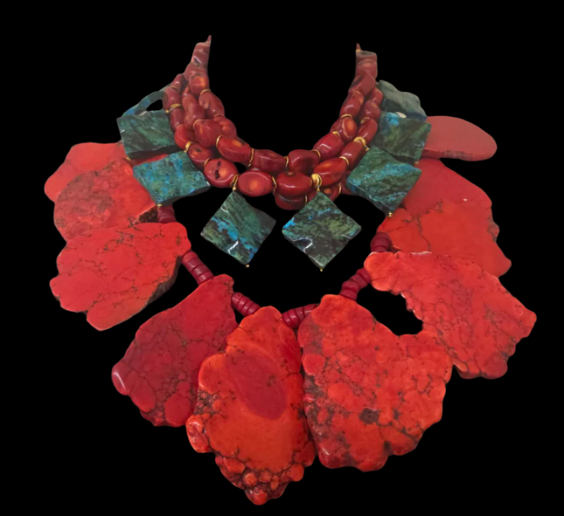 Red Coral, Azurite & Red Sea Sediment Slab Statement Necklace Set
