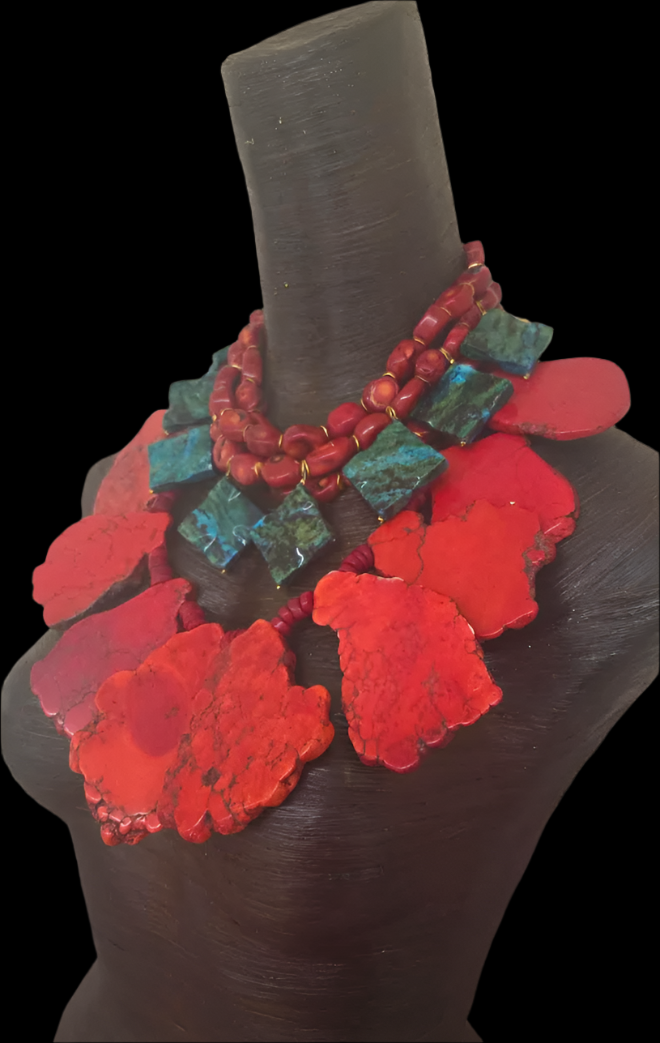 Red Coral, Azurite & Red Sea Sediment Slab Statement Necklace Set