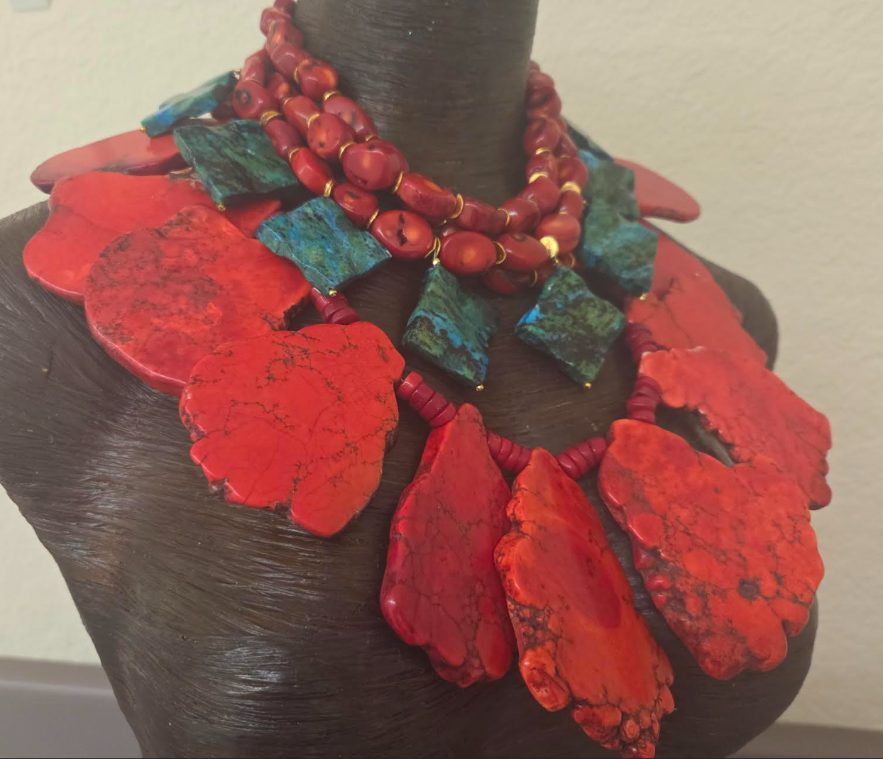 Red Coral, Azurite & Red Sea Sediment Slab Statement Necklace Set