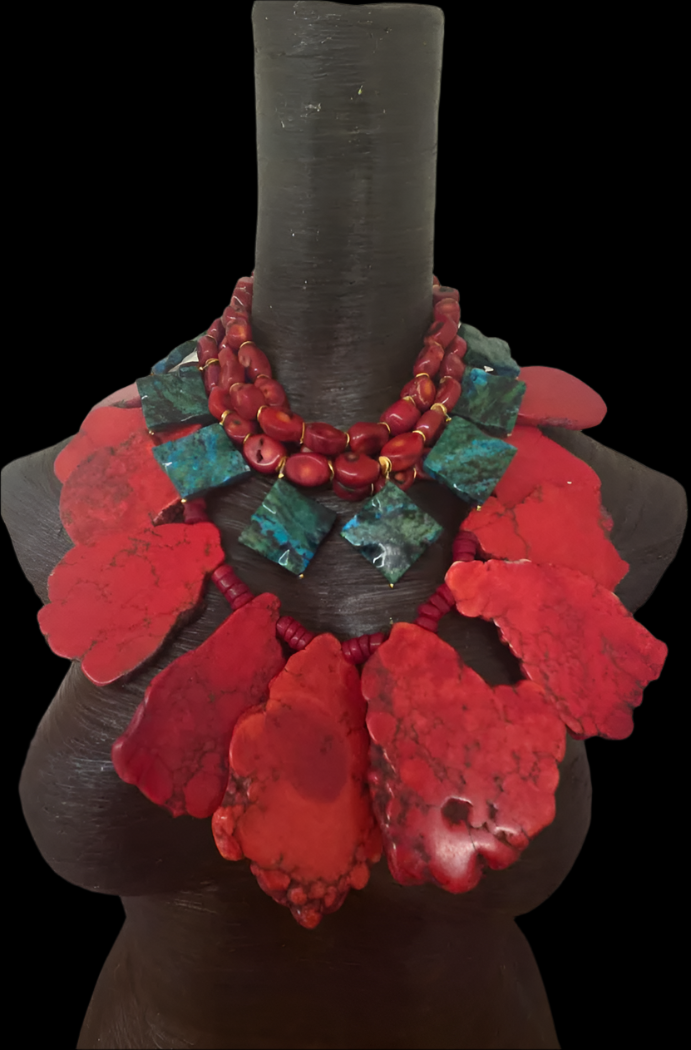 Red Coral, Azurite & Red Sea Sediment Slab Statement Necklace Set