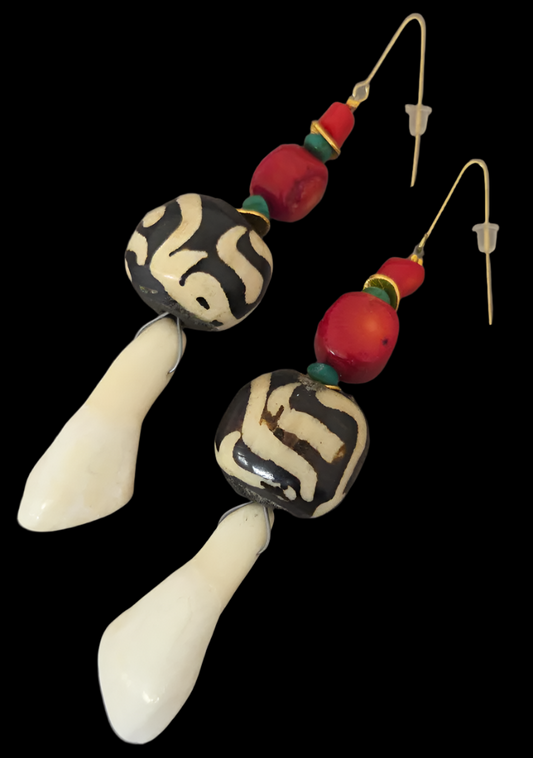 Teeth, Bone, Turquoise & Coral Wild Shoulder Duster Pierced Earrings
