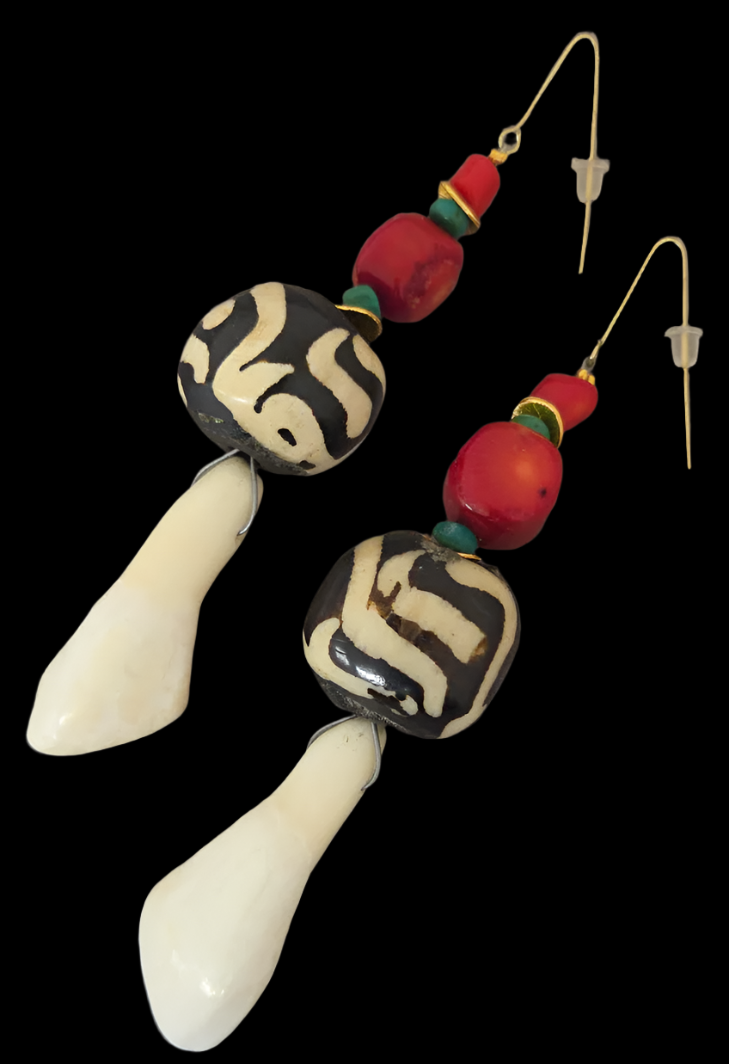 Teeth, Bone, Turquoise & Coral Wild Shoulder Duster Pierced Earrings