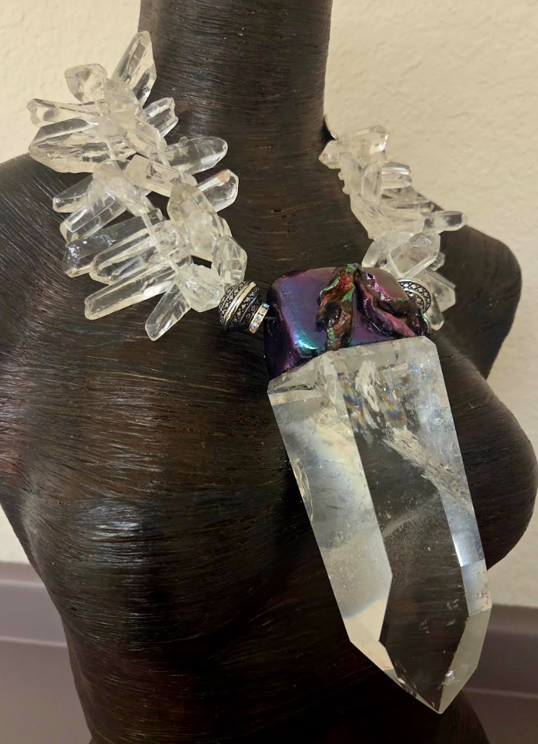 Phantom Quartz Sculpted Pendant On A Polished Branch Quartz Necklace