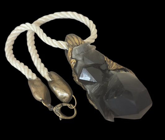 Sculpted Gemmy Smoky Quartz Pendant on an Ivory Satin Rope