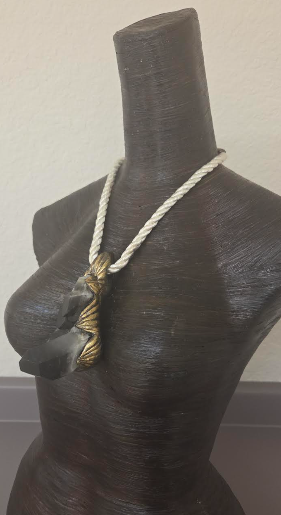 Sculpted Gemmy Smoky Quartz Pendant on an Ivory Satin Rope