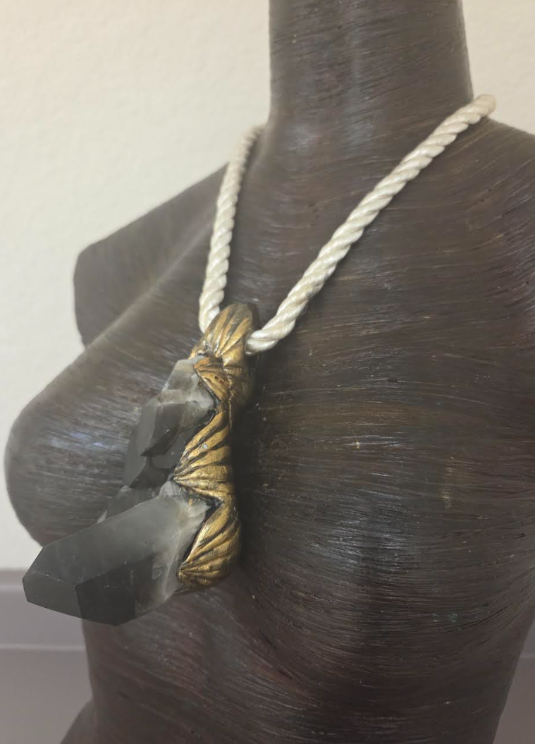 Sculpted Gemmy Smoky Quartz Pendant on an Ivory Satin Rope