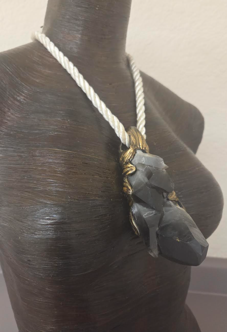 Sculpted Gemmy Smoky Quartz Pendant on an Ivory Satin Rope